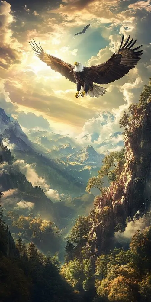 4 Một ảnh đại bàng sắc nét mở ra thung lũng sâu ngập nắng, nơi con chim lao giữa mây vàng với đôi cánh sải rộng ôm trọn luồng gió, chất hoạt hình Nhật khiến cảm giác chinh phục hiện lên dữ dội và đầy bản lĩnh