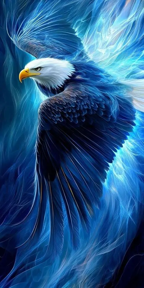 5 Ảnh đại bàng 3D tập trung vào chân dung chim đầu trắng giữa lớp sóng xanh xoáy cuộn, ánh mắt săn mồi cắt thẳng người nhìn, kiểu truyện tranh Nhật đẩy mạnh độ tương phản để toàn ảnh bùng lên vẻ quyền uy áp đảo
