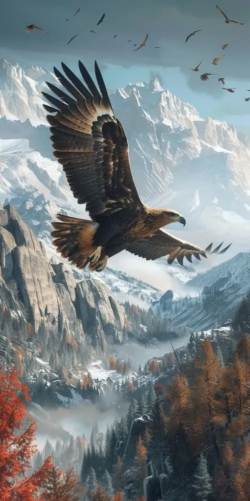 7 Nền đại bàng độ phân giải cao dựng cảnh chim săn bay giữa núi tuyết và bầy chim nhỏ, sắc trắng xanh lạnh phủ kín hậu cảnh, minh họa Nhật tôn rõ lông đầu trắng tách lớp rõ cùng cảm giác hùng dũng rất khó rời mắt
