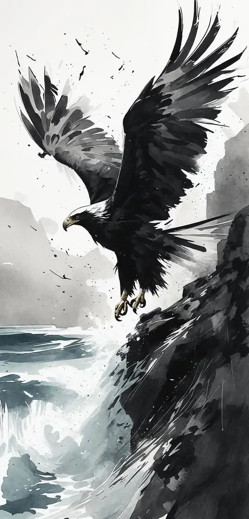 8 Trong ảnh nền chim ưng 4k, đại bàng đen sải cánh qua mỏm đá xám mờ sương, bố cục tối giản theo kiểu manga khiến từng nhịp lượn gió như nén lực, vừa cô độc vừa toát lên uy lực của kẻ làm chủ độ cao