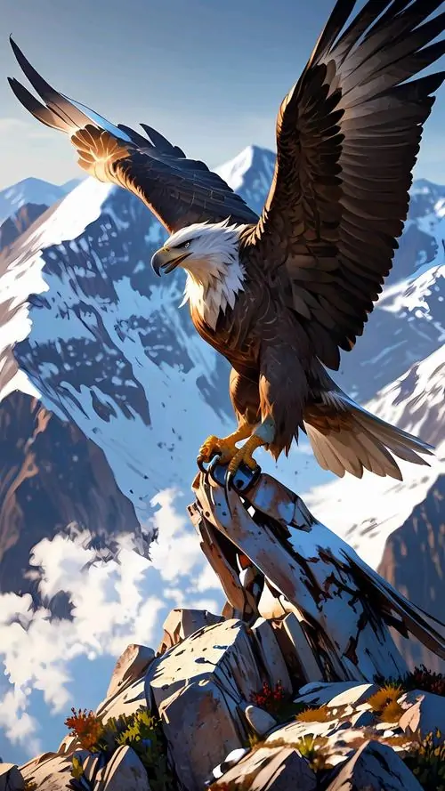 10 Trên mỏm đá nhọn giữa dãy núi trắng, một con đại bàng dang cánh chuẩn bị bật lên, ánh sáng lạnh quét qua bộ móng vuốt và ngực nâu, cách dựng hình truyện tranh Nhật tạo rõ khí chất mạnh mẽ và rất quyết đoán