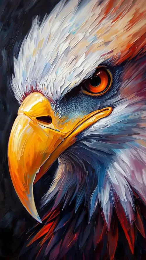 13 Ảnh đại bàng 3D mô tả gương mặt chim săn với mỏ cong sắc rực vàng cam, lông đầu xám trắng bốc như lửa, phong cách manga kéo ánh nhìn vào sự nổi bật của kẻ đi săn đang khóa mục tiêu bằng thần thái dữ dội