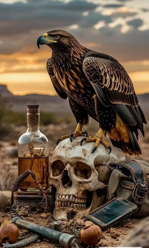 15 Hình nền chim ưng 4k khắc họa con chim đứng trên đống xương và mảnh sắt giữa hoàng hôn tàn, nền trời nâu đỏ làm thân đen càng nặng lực, chất hoạt hình Nhật gợi bản lĩnh lạnh lùng và sức mạnh rất khó lay chuyển