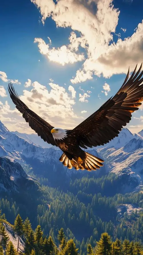 16 Bầu trời xanh mở rộng sau lưng đại bàng đang nghiêng cánh, bụng sáng và lưng tối tạo nhịp đổ bóng mạnh, nét vẽ anime khiến toàn ảnh mang vẻ tự do dứt khoát như một cú vươn lên không cần lấy đà lâu