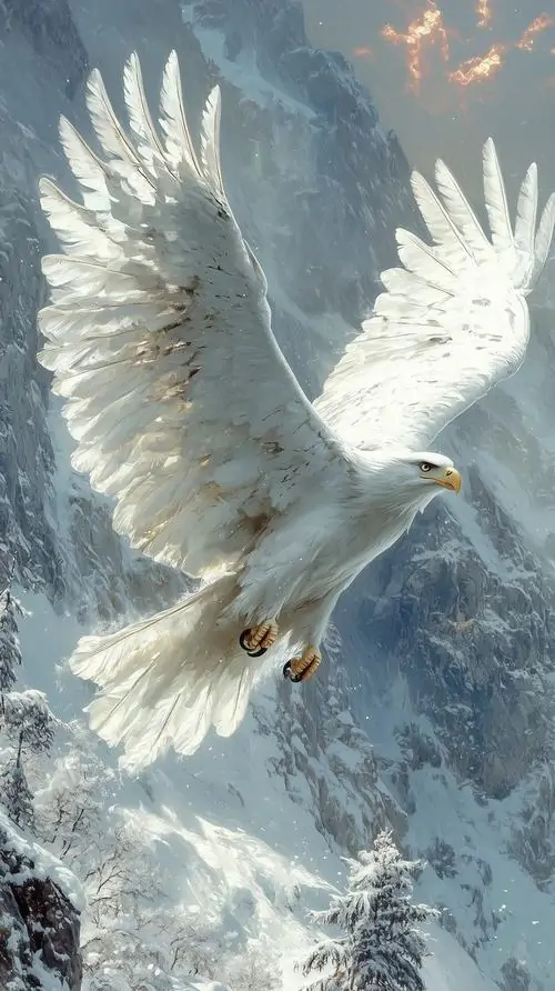 17 Nền đại bàng độ phân giải cao tái hiện chim trắng bung cánh giữa tuyết mờ, quầng sáng quanh thân làm bức hình như một ảo ảnh, phong cách truyện tranh Nhật hòa chất hùng vĩ với cảm giác thanh sạch nhưng vẫn đầy uy lực