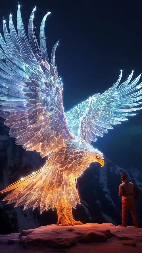 19 Hình nền chúa tể bầu trời cho thấy đại bàng ánh tím xanh bốc sáng như phượng hoàng, sải cánh mở lớn trên nền đất đỏ tối, nét vẽ manga đẩy cảm giác bùng nổ lên cực mạnh mà vẫn giữ khí chất mạnh mẽ, sắc lạnh
