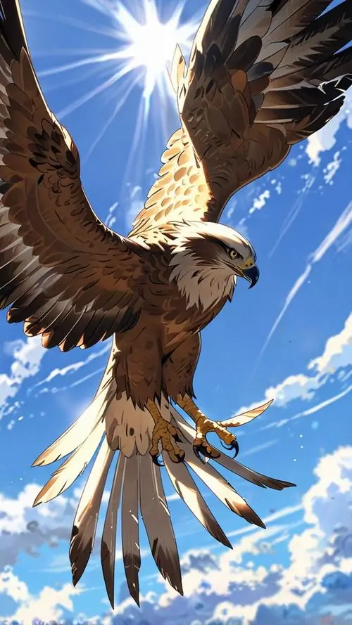 20 Giữa nền trời xanh rực và tia nắng xiên, đại bàng dang cánh hạ xuống mỏm đá cao, góc nhìn từ dưới lên làm thân chim như trấn trạch cả không gian, phong cách hoạt hình Nhật tạo cảm giác chiến thắng rất rõ