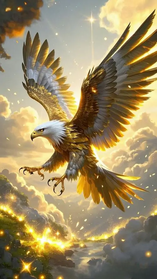 22 Một hình nền chim ưng 4k ghi con chim bổ xuyên cụm mây sáng, cá bạc quẫy dưới móng khi mặt biển còn tối, chất minh họa Nhật nhấn độ phân giải cao giúp từng thớ lông hiện rõ mà thế lao vẫn cực kỳ gắt