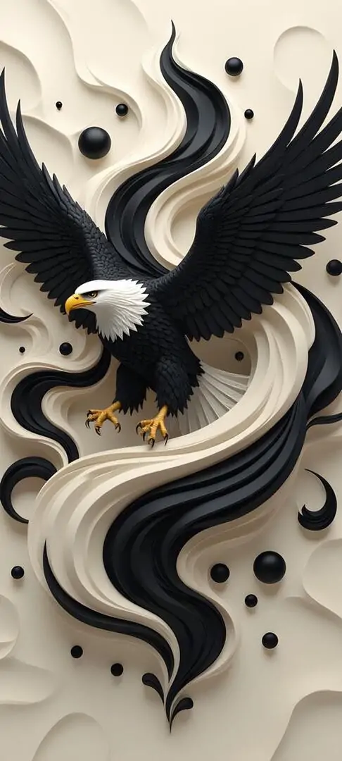 29 Ảnh đại bàng 3D đặt gương mặt chim trước nền tối rực đỏ, mỏ vàng chiếm trọn tâm điểm và lông cổ bùng khối mạnh, phong cách truyện tranh Nhật làm toàn ảnh toát lên khí chất mạnh mẽ cùng vẻ tấn công sẵn sàng