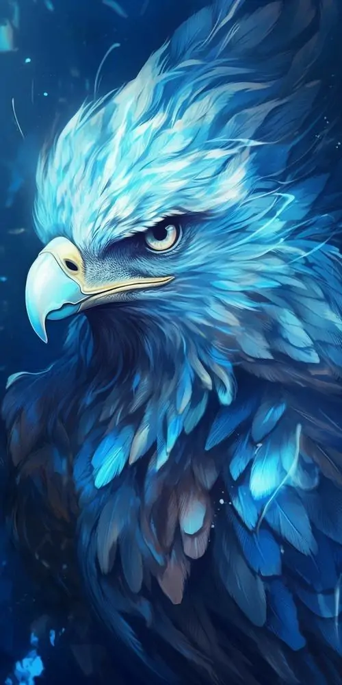 31 Ảnh nền chúa tể bầu trời chụp khoảnh khắc đại bàng hạ thấp trên sóng lớn, lửa chiều quét sau lưng khiến từng lớp lông bừng sáng, phong cách hoạt hình Nhật giữ nhịp chuyển động dồn dập và vẻ săn mồi cực kỳ áp chế