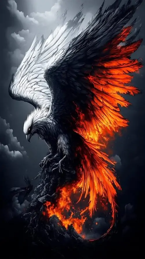 33 Một hình nền chúa tể bầu trời đặt đại bàng trên cành khô giữa hồ núi mờ, mây giông ép thấp và mặt nước tối gợi không khí Bắc Mỹ hoang dã, nét vẽ anime làm bật vẻ cô độc nhưng đầy quyền kiểm soát