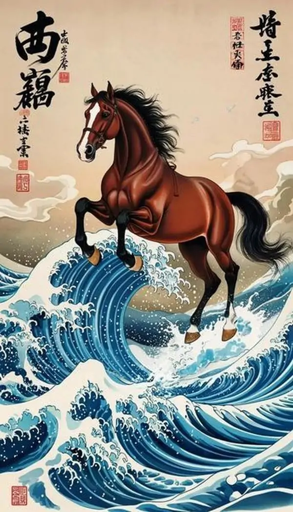 14 Bối cảnh núi xa và mây trời bao la tôn vinh vẻ đẹp của đàn ngựa đang phi nước đại mang lại tài lộc hanh thông.