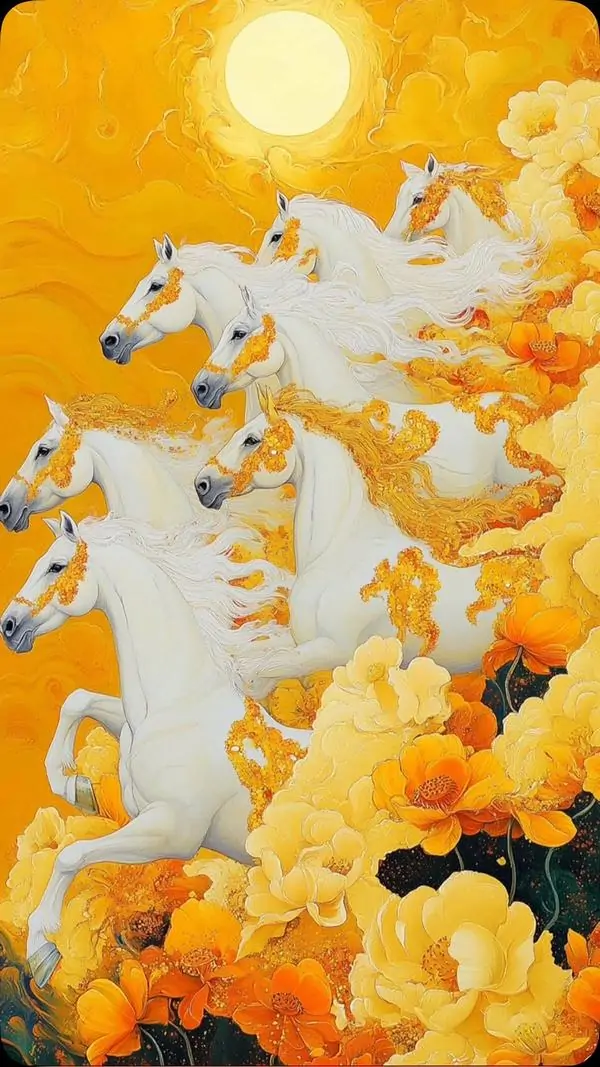 15 Cấu trúc hình ảnh bát mã truy phong với điểm nhấn trung tâm là những chiến mã dũng mãnh giúp khai thông vượng khí nhà ở.