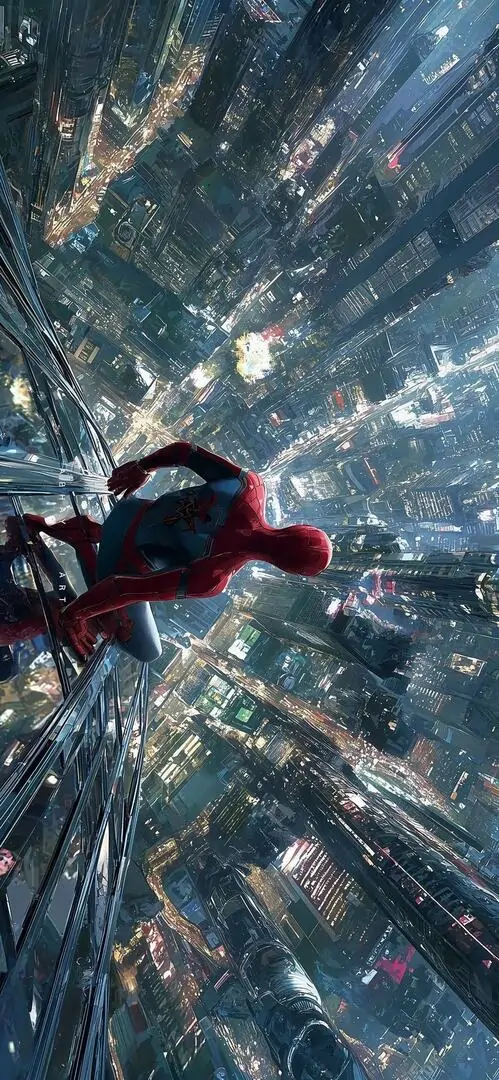 1 Hình nền máy tính bắt cảnh người nhện lao giữa thành phố đêm với vệt sáng dày tạo chiều sâu mạnh và cảm giác sống động