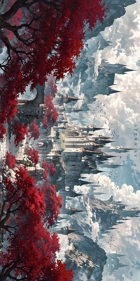 26 Ảnh nền lâu đài băng giữa lá đỏ tạo cảm giác siêu nét và chiều sâu mạnh cho màn hình 27 inch