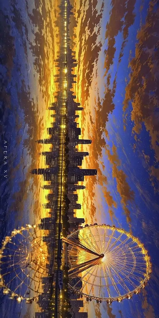 28 Ảnh wallpaper vòng quay và cầu tàu lúc hoàng hôn hợp hình nền phong cảnh nhờ độ mượt thị giác và sắc vàng ấm