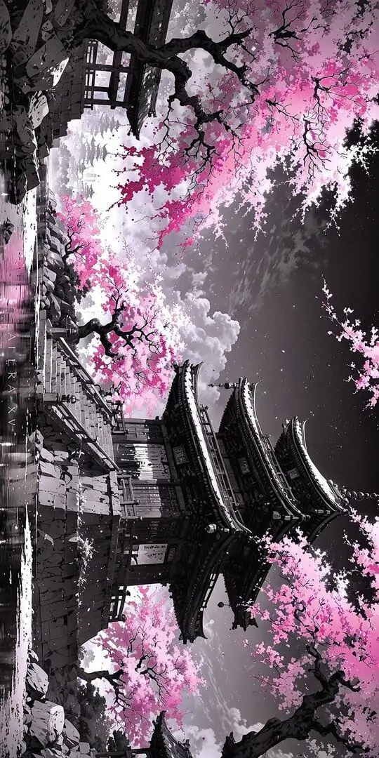 5 Ảnh bìa tháp chùa dưới hoa anh đào hồng phối nền xám tạo độ tương phản rõ và thẩm mỹ rất riêng