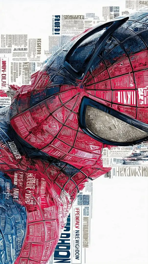 6 Hình cận mặt người nhện trên nền báo chí hợp kiểu hình nền gaming với độ chi tiết nổi bật và sắc đỏ bắt mắt