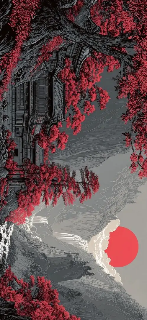 7 Ảnh nền PC núi xám cây đỏ mặt trời đỏ theo lối hình nền tối giản cho màn hình lớn vẫn rõ nét