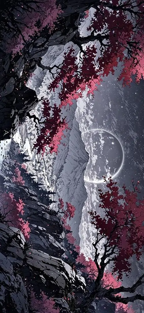 8 Hình rừng đêm trăng mờ cùng tán lá đỏ hợp ảnh nền máy tính nhờ chiều sâu màu sắc bí ẩn và cảm giác lắng lại