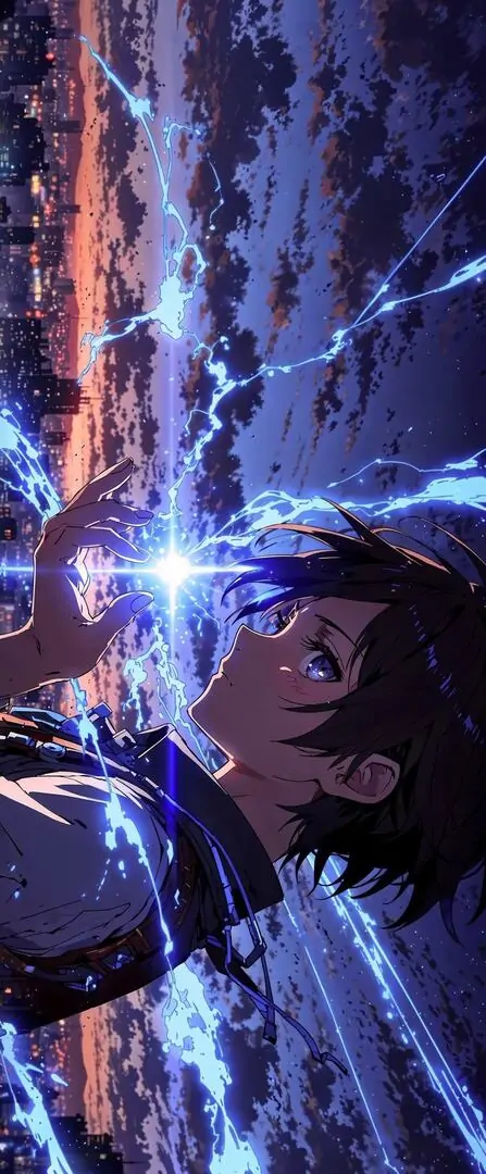 9 Ảnh nền pc anime tông xanh tím tối, chiến binh giữa luồng sáng dựng đứng tạo cảm giác lạnh và nghệ thuật