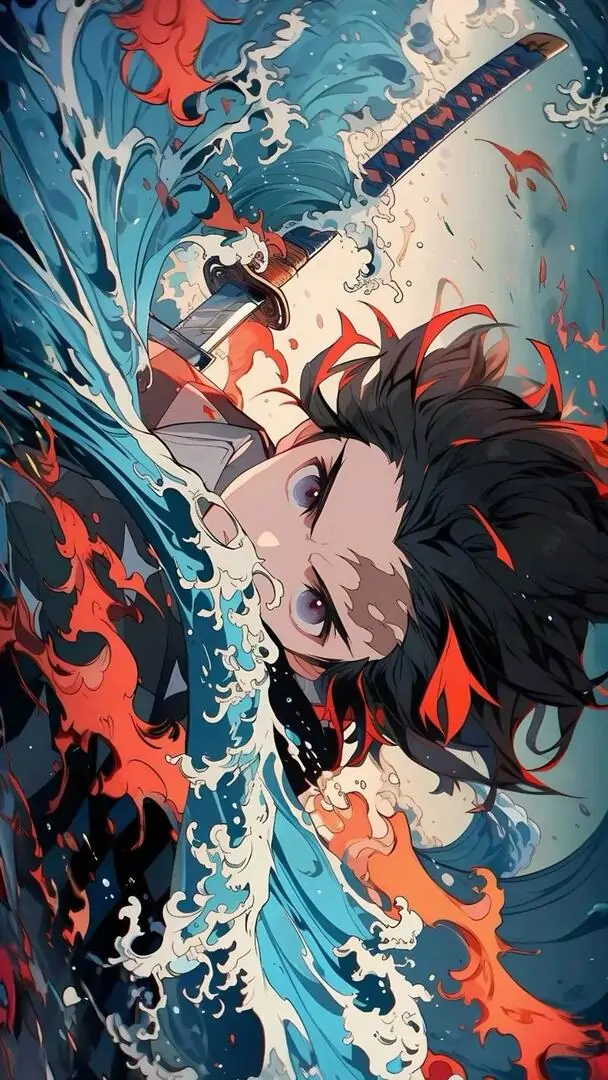 12 Ảnh nền anime độ nét cao với chàng trai nghiêng trong sóng xanh đỏ, chuyển cảnh gấp khiến khung hình xung lực