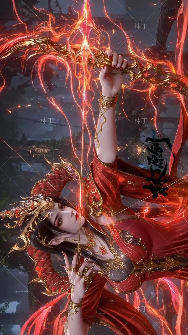 13 Hình nền đẹp anime phủ đỏ tím, nhánh sáng vặn xoắn quanh nhân vật tạo siêu thực và chiều sâu rõ