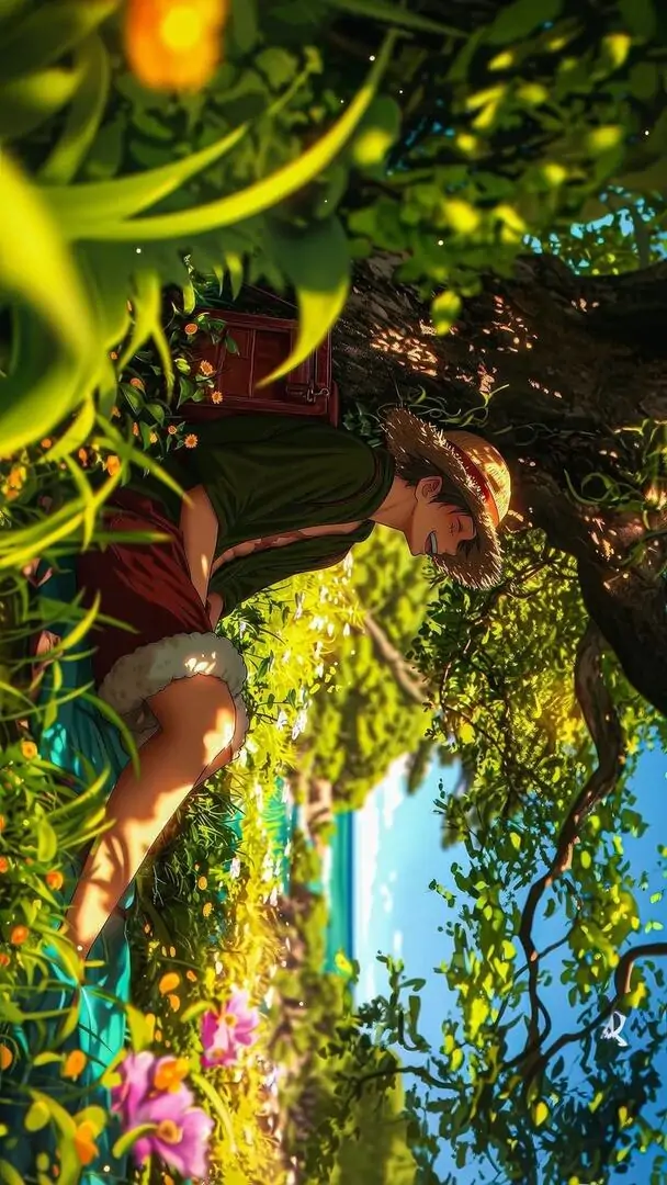 16 Ảnh bìa laptop anime ngập xanh lá và nắng loang, cô gái tựa nhẹ trong khu vườn tạo cảm giác chill êm