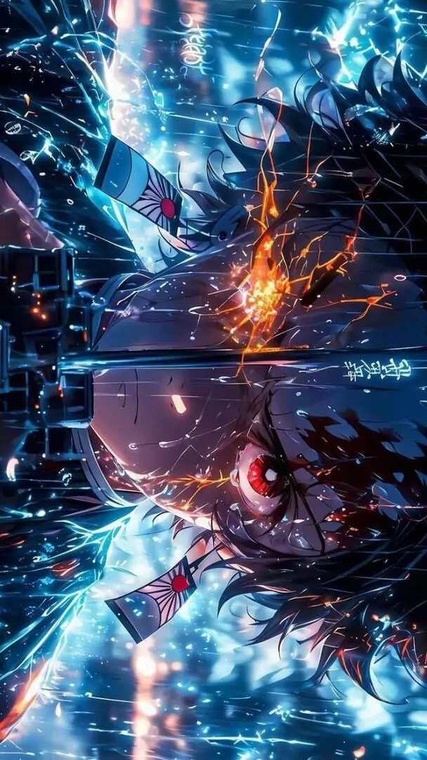 19 Ảnh nền pc anime hòa xanh đỏ như vỡ kính, tâm sáng nhỏ ở giữa giữ bố cục chặt và lực hút