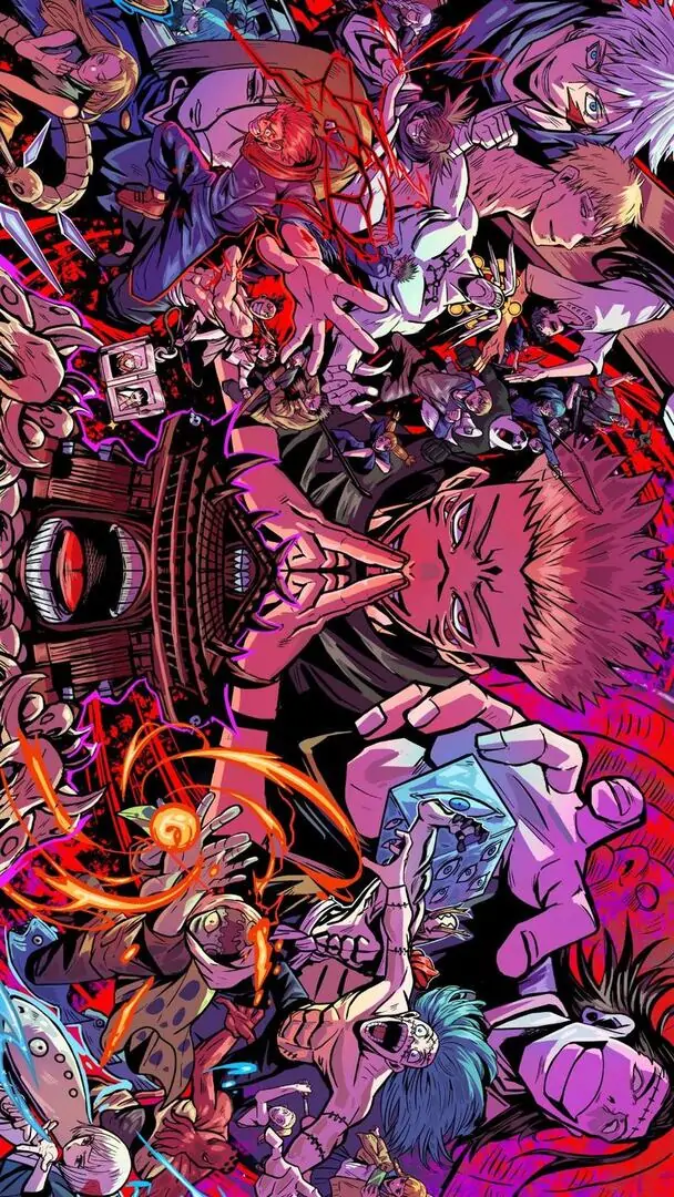 2 Ảnh nền anime độ nét cao phủ tím đỏ, nhân vật đan chéo như bảng màu bùng nổ giữa vùng hỗn mang