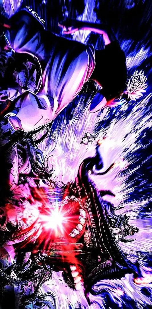 3 Hình nền đẹp anime 4K pha tím xanh, luồng sáng đỏ ở tâm ảnh kéo mắt vào chiều sâu ảnh rất mạnh