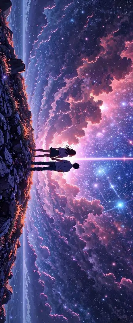 5 Ảnh nền HD anime với bầu trời tím hồng, hai bóng người giữa viền sáng tạo cảm xúc thị giác mơ xa