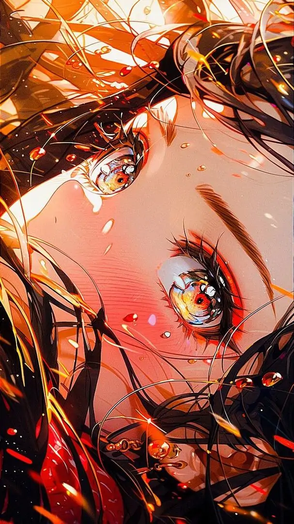 6 Ảnh bìa laptop anime cận mặt cô gái rực cam đỏ, ánh mắt sắc và màu chuyển mềm khiến khung hình cuốn