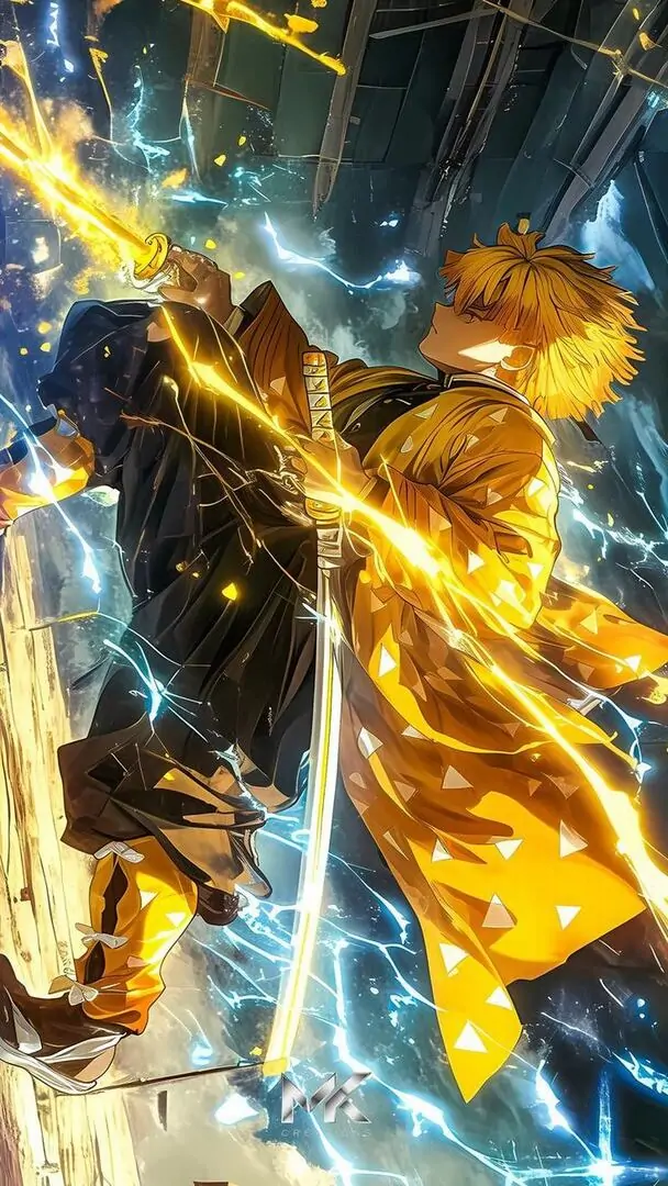 8 Ảnh wallpaper anime 4K bùng nổ ánh vàng, nhân vật lao xuống như sét xé dọc bố cục rất giàu tốc độ