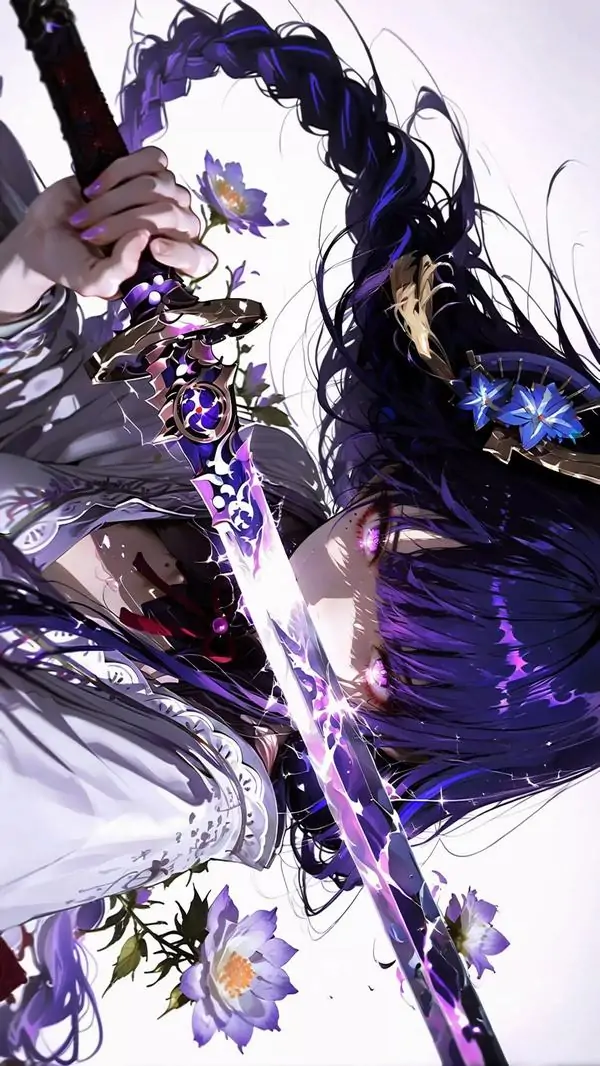 9 Ảnh nền đt Iphone cô gái tóc tím cầm kiếm xoay ngược, đường nét mạnh khiến desktop trông cá tính hơn hẳn