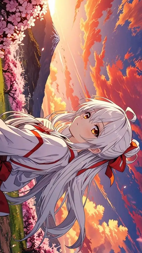 15 Nền desktop anime nữ cô gái tóc trắng bên vách sáng lửa, nền cảnh giàu lớp hợp android thích vẻ thơ