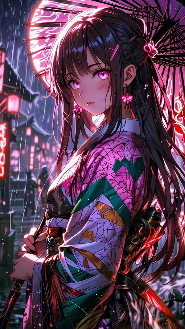 2 Ảnh nền cô gái kimono ngoái nhìn giữa phố đêm, tông màu tím đỏ đậm hợp đt và gu anime nữ cá tính