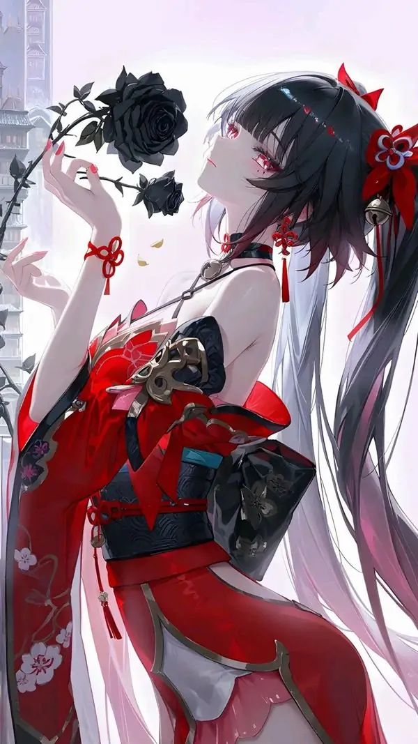 33 Nữ sinh áo đỏ đứng cạnh xe giữa phố xám, gợi hình nền học đường anime với dáng ngồi trầm hẳn