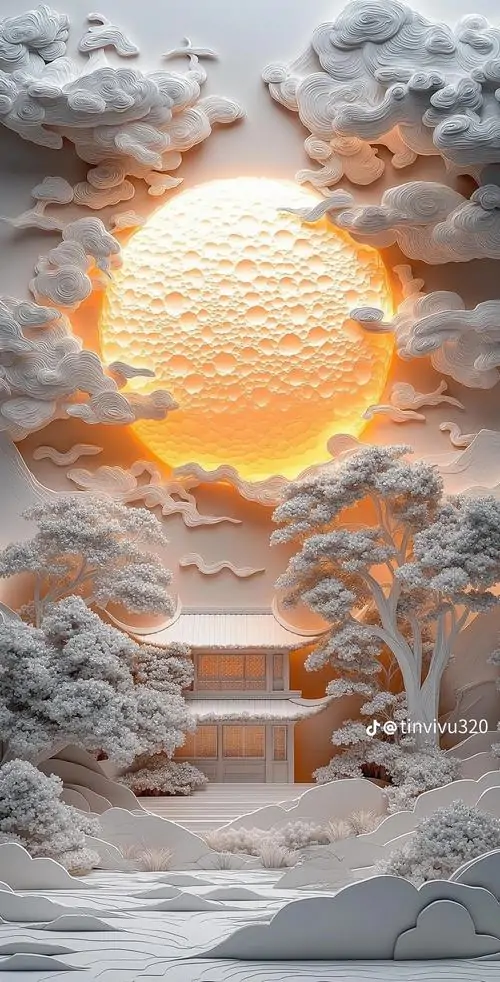 9 Ảnh nền đt mặt trời khổng lồ ló giữa mây xám và tuyết trắng, hiệu ứng xuyên thấu khiến lối đi băng giá thêm siêu đẹp