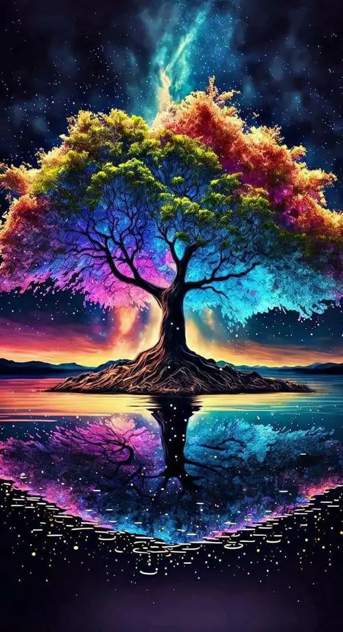 10 Hình cây phát sáng rực sắc tím xanh soi bóng mặt nước, ảnh nền phong cảnh sống động với cảm giác chuyển động và độ hút mắt