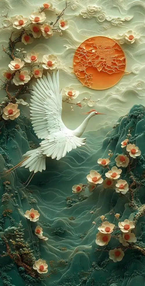 12 Hình chim trắng lướt trên mặt nước xanh ngọc dưới mặt trời đỏ, vùng mờ nền tôn chủ thể chính cực nổi khối