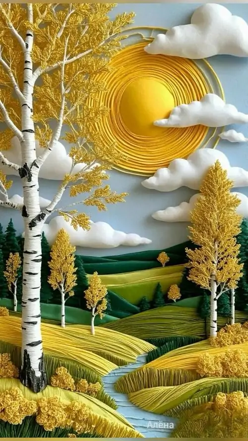 14 Hình nền 3d hàng bạch dương vàng bên con đường uốn lượn, ánh sáng làm nổi chiều sâu cho tổng thể rất dịu mắt