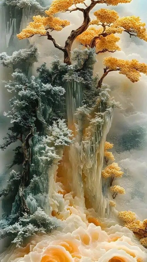 15 Ảnh bìa cây vàng bám vách đá cạnh thác trắng xóa, chi tiết bề mặt tạo cảm giác chân thật và lớp cảnh tách bạch