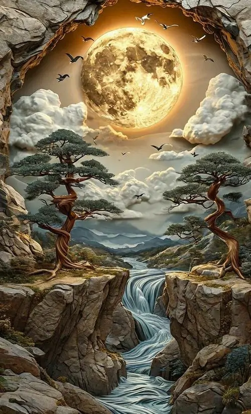 16 Hình nền điện thoại trăng tròn treo cao trên vực đá và dòng suối, ảnh nền cảnh đẹp giả lập không gian nhìn vào rất cuốn