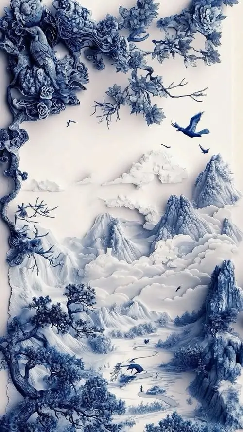 18 Ảnh nền đt non nước xanh trắng như tranh mực, bầu trời sao sâu thẳm được gợi bằng khoảng trống sáng tối rất tinh tế