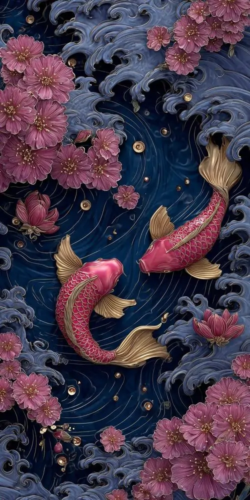 1 Hình cá chép bơi giữa cụm hoa hồng tím trên nền xanh đậm, nổi khối rõ lớp trước sau, gợi cảnh sắc mê hoặc tuyệt đẹp