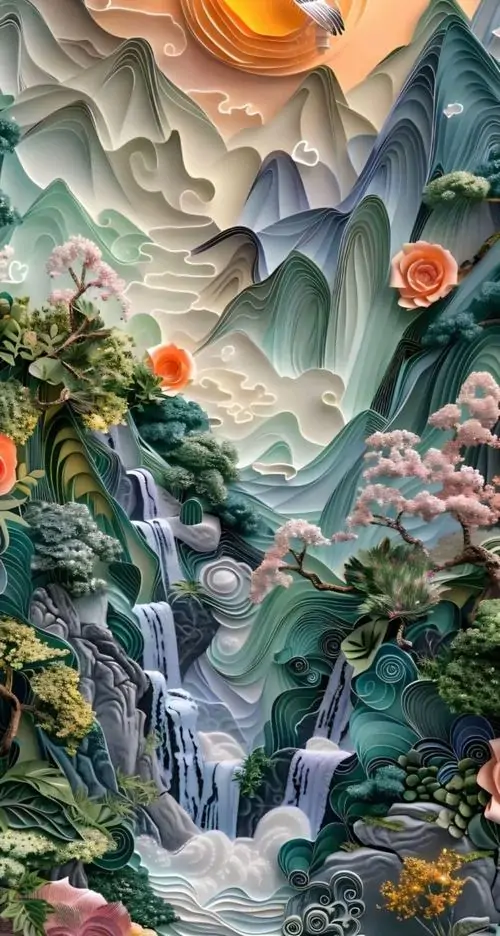 19 Ảnh wallpaper núi ngọc tầng tầng cùng thác đổ và hoa nở, hình nền thiên nhiên 3d tuyệt đẹp mang chất mơ màng nổi khối