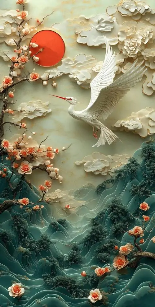 21 Hình cảnh núi nổi dập lớp cùng mặt trời son và nhành hoa, vịnh hạ long được gợi nhớ qua mảng đá và làn sương