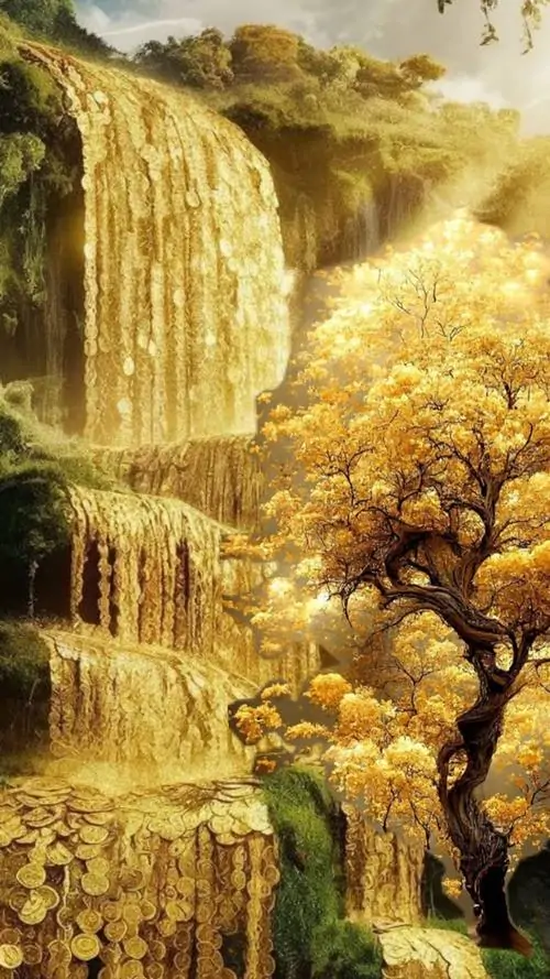 22 Ảnh nền phong cảnh 3d thác vàng đổ dài qua vách đá và cây cổ, độ sắc nét chi tiết cao làm tổng thể đẹp nhất