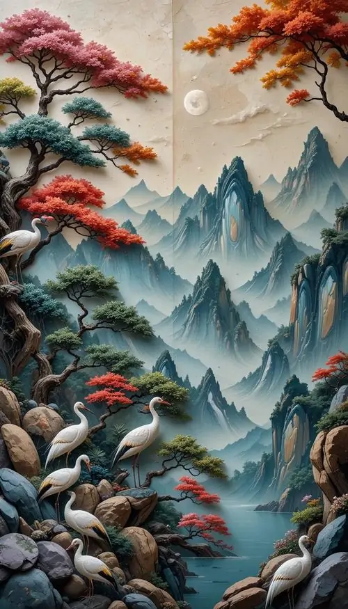 26 Hình nền 3d dãy núi lam lớp lớp cùng tán đỏ tiền cảnh, sa pa hiện lên qua sương núi và khoảng xa siêu đẹp